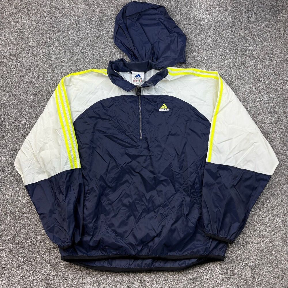 Vintage Adidas Windbreaker Jacket‎ Mens XL Navy Blue Hooded Pullover Nylon